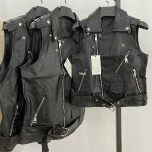 Gilet en cuir véritable pour femmes, mode streetwear, multi-poches, fermeture éclair, veste en peau de mouton, tendance hip-hop - Product Image 5