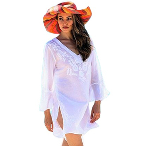 Tunique d'été élégante à manches longues et col en V pour femmes avec broderie personnalisée Mini Top tissé à motifs Casual Beach Cover Smart Casual - Product Image 1