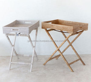 Plateaux de service rectangulaires en rotin naturel tissés à la main, style campagnard, pliables, pour salle de bain, cuisine, pieds robustes, multifonctionnels, rangement - Product Image 4