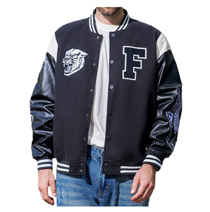 Men's Black Varsity Jacket With Panther Embroidery And Letter F <b>Logo</b> Preppy Style Regular Fit Autumn Wear - Product Image 1