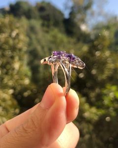 Anillo de Compromiso y Boda de Oro Sólido de 14k con Circonita Cúbica Clásica en Forma de Mariposa de Amatista Púrpura, Regalo de Diseñador para Mujer - Product Image 3