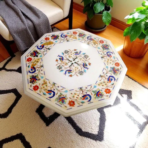 Vintage White Marble Inlay Center Coffee Table <b>Top</b> Handmade Natural Semiprecious Stones inlaid Coffee Table - Product Image 2