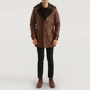Manteau d'hiver pour homme en cuir marron vieilli avec fourrure, long, à capuche, imperméable, imprimé, garnissage en laine - Product Image 4
