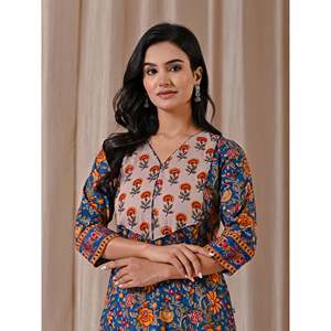 Kurti Recto de Algodón Estampado con Bloques Blue Jaal, Vestido Largo Elegante e Informal, Natural y Transpirable, ODM para el Día de San Valentín - Product Image 1