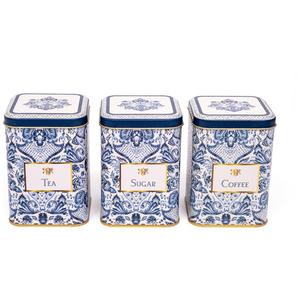 Square Metal <b>Canister</b> <b>Set</b> – 87x87x125 mm (<b>Set</b> of 3) Azulejo-Inspired Blue & White Decorative Pattern Azulejos Design - Product Image 1