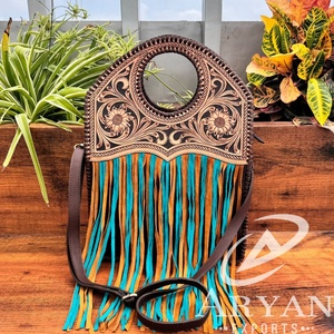 Best Seller Hand Tooled Genuine Leather <b>Large</b> Turquoise Fringe Crossbody Bag for Women's Western Cowhide Floral Top Handle Purse - Product Image 1