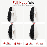 Perruque synthétique Factory Black White Split Dye Water Wave, densité 150%, avec frange, bonnet ajustable, résistante à la chaleur, pour cosplay, Halloween, fête