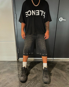 Custom Vintage Acid Wash Solid Rhinestone Casual Straight Leg Baggy Men Denim 100% Cotton Quick Dry <b>Mid</b> Waist Black Shorts - Product Image 5