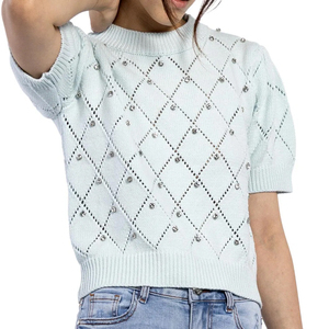 Camisetas informales de manga corta de punto con diamantes de imitación para mujer de Pakistán Logotipo frontal de alta calidad Precio al por mayor - Product Image 5