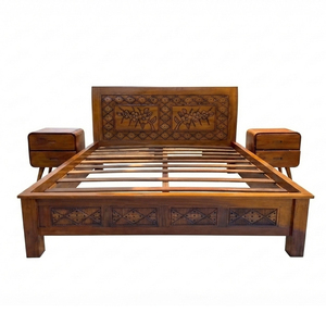 Lit en teck massif traditionnel javanais, tête de lit sculptée à la main de qualité supérieure, pour hôtel, villa, vente en gros - Product Image 1