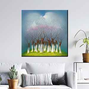 ผ้าใบพิมพ์ลายต้นไม้และคนในป่าในสไตล์เหนือจริง ลายป่าแฟนตาซีที่กำลังบานสะพรั่ง พร้อมกรอบสำหรับแขวน - Product Image 1