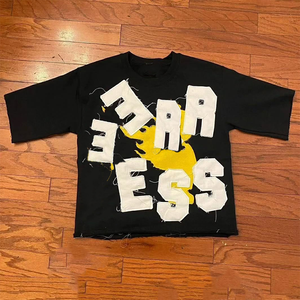 Camiseta personalizada del fabricante para hombre, camiseta con lavado ácido Vintage, camisetas con logotipo bordado de angustia, camiseta bordada con parche cuadrado recortado para hombre - Product Image 1