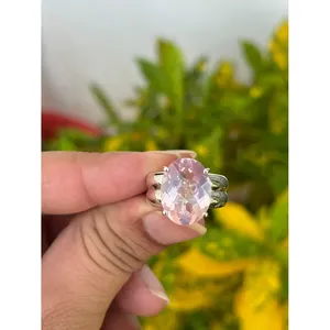 925 Silver Oval Cut <b>Rose</b> <b>Quartz</b> <b>Ring</b> Vermeil and Rhodium Plated Geometric Marquise Shape Fine Jewelry for Everyday Wear - Product Image 1
