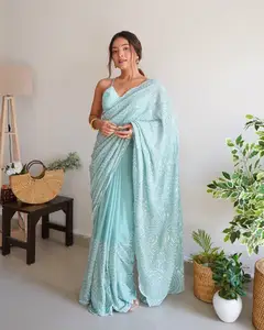 भारतीय नई डिज़ाइनर विशेष सर्वोत्तम गुणवत्ता वाली नकली जॉर्जेट सीक्वेंस कढ़ाई वाली वर्क स्काई ब्लू साड़ी ब्लाउज के साथ पहनने के लिए
