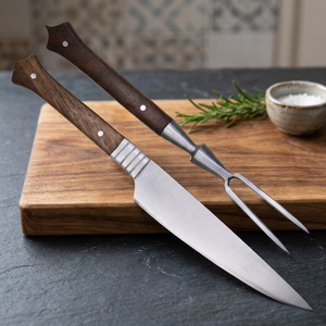 Juego de Cuchillos de Cocina Medievales, Tenedor y Cuchillo, Hojas de Acero al Carbono, Mangos de Madera, Hechos a Mano, Aptos para Lavavajillas - Product Image 1