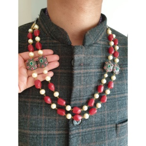 Collar de perlas de Coral de doble hebra para hombre, rubí Esmeralda, trabajo plateado, estilo Kundan, joyería étnica india para boda y novio - Product Image 2