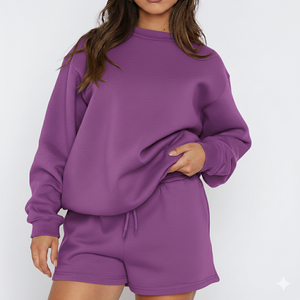 Conjunto de Sudadera y Pantalones Cortos de Punto Casual para Mujer, Talla Grande, de Invierno, de Poliéster Transpirable, Manga Larga, Estampado Sólido, por Encima de la Rodilla - Product Image 1