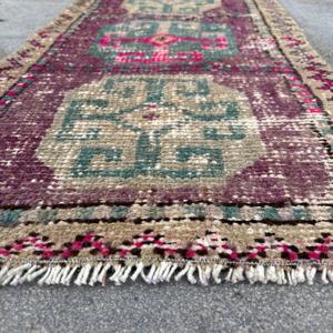 Turkish Vintage Rug 1.5x2.8 ft, <b>Red</b> Check <b>Wool</b> Rug - Product Image 4