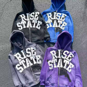 Sudaderas con capucha con cremallera y hombros caídos y bordado con logotipo personalizado para hombre, sudadera térmica con capucha bordada de invierno de algodón 100%, talla grande - Product Image 2