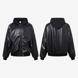 Streetwear personnalisé pulls à capuche à épaules tombantes sans ficelle sweats à capuche en cuir noir surdimensionnés - Product Image 1