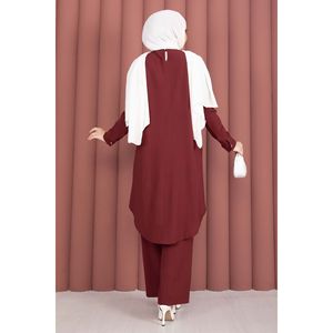 Ensemble tunique et pantalon bordeaux à détails boutonnés, col asymétrique, décoration plumes, pour le quotidien et les tenues de bureau - Product Image 4