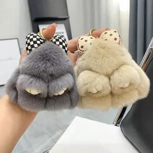 Hot 10cm Rex Thỏ lông thú nhồi bông Keychain dễ thương Bunny thỏ Keychain Kawaii Bow Ribbon sang trọng Móc khóa đồ chơi cho phụ nữ túi quyến rũ