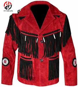 New <b>Men's</b> Women's Red Western-Style Sued Cow Boy <b>Leather</b> <b>Jacket</b> Stand Collar Zipper Closure Winter-High Street American Wear - Product Image 1