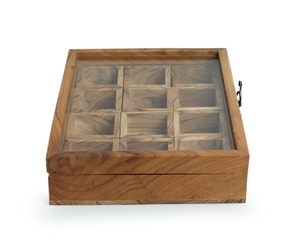 Medley of Masalas 12 Container Modern Design Dust Resistant Brown Teak Wood <b>Spice</b> Box with Spoon - Product Image 3