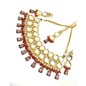 Ensemble de bijoux de mariée plaqué or 18 carats, serti de pierres Kundan et de perles, couleur bordeaux, avec zircon et perle, pour mariage ou cadeau - Product Image 2