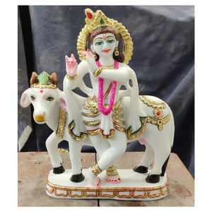 หินอ่อนสีขาวบริสุทธิ์ที่มีสีสันพระเจ้ากฤษณะ Ji รูปปั้นกับอินเดียด้านบนที่ดีที่สุดทำด้วยมือออกแบบสำหรับตกแต่งบ้าน - Product Image 1