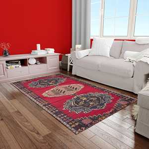 Red Kilim Design Printed Rug, Ethnic Turkish Pattern, Machine Washable,Chenille Rug - Product Image 3