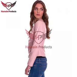 Chaqueta de cuero rosa auténtico para mujer, sin cuello, cuello redondo, de piel de oveja, con cremallera frontal, bolsillos laterales, corte ajustado, prendas de vestir personalizadas, nuevo estilo. - Product Image 4