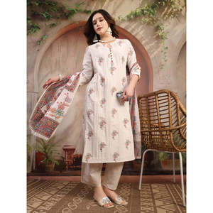 ชุดคุร์ตาผ้าฝ้ายพิมพ์ลายสีขาวนวลทรงเอไลน์สำหรับผู้หญิง พร้อมผ้าคลุมไหล่ - Product Image 3