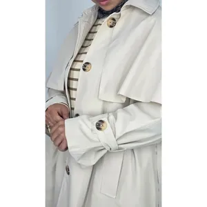 Women's Vintage Trench <b>Coat</b> with <b>Cape</b> Detail Beige Long Style Autumn Season Cotton Fill Button Decoration and Print - Product Image 3