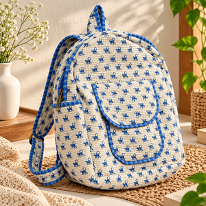 Mochila escolar de algodón acolchado con estampado azul, con bolsillo frontal redondeado y cierre de cremallera, para uso escolar, universitario, en el campus y para viajes. - Product Image 2
