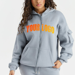 OEM/ODM 100% Sweat-shirt à capuche zippé en coton avec épaules tombantes et poches cargo latérales Sweat-shirt pour femme avec logo imprimé personnalisé - Product Image 1