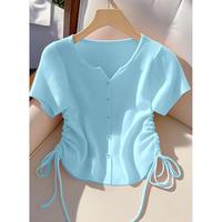 Chemisier court pour femme à col en V et manches courtes, froncé avec cordon de serrage latéral, coupe ajustée, couleur unie, style décontracté, plusieurs couleurs