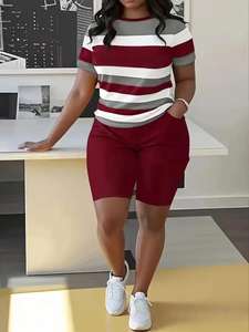 Ensemble décontracté 2 pièces tricoté pour femme : haut imprimé et short au-dessus du genou, anti-boulochage, en Spandex/Polyester, idéal pour le printemps - Product Image 4