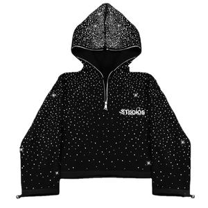 Street Classic Black rhinestone Design zipper hooded set mens hip hop personalizado casual retro pareja cardigan jacket Set - Product Image 1