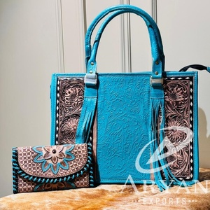 กระเป๋าถือสตรีหนังวัวแท้ลายดอกไม้สีเทอร์ควอยซ์ขนาดใหญ่ & แฟชั่นตะวันตกแบบนูน - Product Image 1