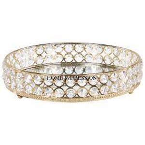 Marco de metal chapado en oro con cuentas de cristal transparente blanco, diseño creativo moderno, bandeja de espejo de forma redonda de proveedor indio - Product Image 1