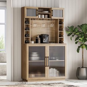 Moderno Mueble Alto de Madera para Despensa con Puertas de Vidrio Acanalado, Aparador Buffet para Cafetería con Estante para Vino para Cocina - Product Image 1