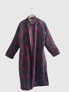 Velvet Plus Size Women'<b>s</b> Jacket Mandarin Collar Full Sleeve Hand Embroidered Floral Pattern Long Coat Winter Wear - Product Image 1