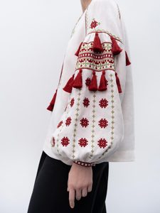 Haut tunique d'été élégant pour femmes avec broderie florale décoration à glissière manches longues chemise tissée à la taille naturelle à Kiev - Product Image 3