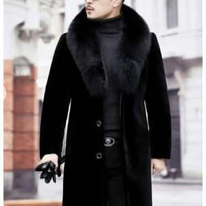 Manteau long de luxe pour homme en velours de fourrure de renard avec garniture extérieure en laine et décoration en fourrure, option longueur longue - Product Image 1