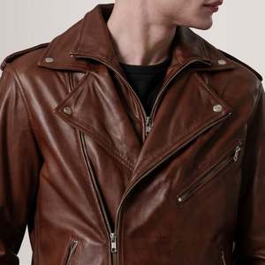 Chaqueta de Motociclista Doble de Piel de Oveja Genuina Kole, Marrón Encerado, Reversible, con Cierre de Cremallera, Impermeable, Talla XL, Suministro ODM - Product Image 6