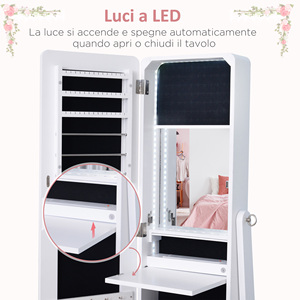 HOMCOM-Armario de joyería con espejo ajustable e iluminación LED, madera, blanco, 30x146x36 cm - Product Image 6