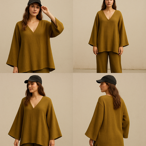 Ensemble coordonné à col en V surdimensionné pour femmes en polyester doux avec haut à manches larges et pantalon ample disponible en tailles M L XL XXL - Product Image 4