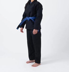 Kimono de Jiu Jitsu BJJ para Mujer, 100% Algodón, Totalmente Negro con Ribete Azul Marino, Logotipo Frontal, Ropa de Artes Marciales - Product Image 4