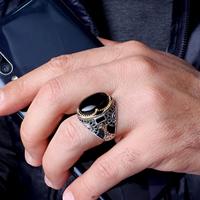 Bague de luxe pour homme en argent sterling 925, sertie d'une pierre précieuse Aqeeq du Yémen, style vintage turc, pour anniversaire de mariage, avec monture closée noire